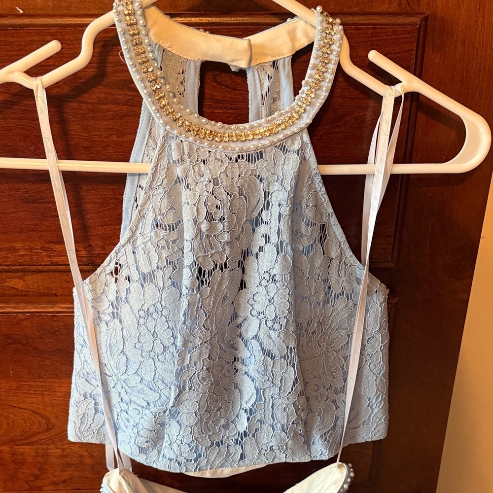 Camille La Vie Light Blue Lace Halter Top with Beaded Neckline